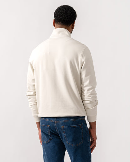 Model wearing Belstaff Quarter Zip Sweatshirt in Silver Birch - back