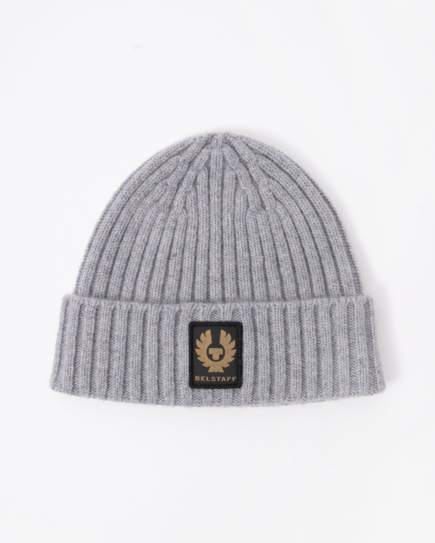 Gray beanie with a brand logo on a white background