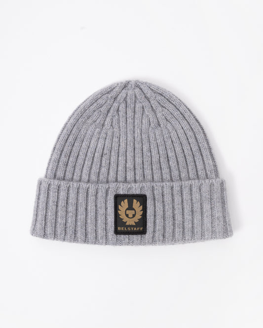 Gray beanie with a brand logo on a white background