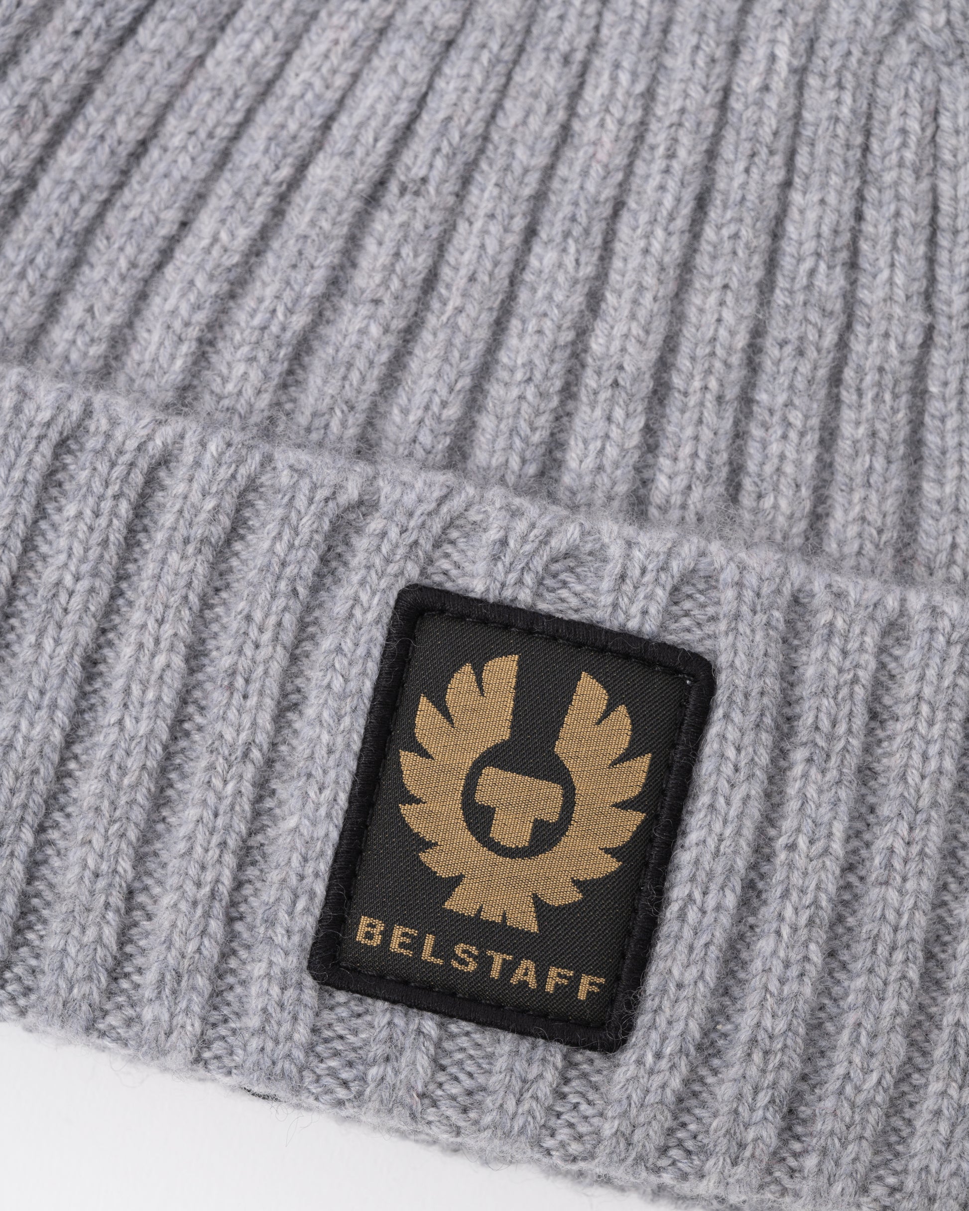 Gray knit beanie with Belstaff logo patch