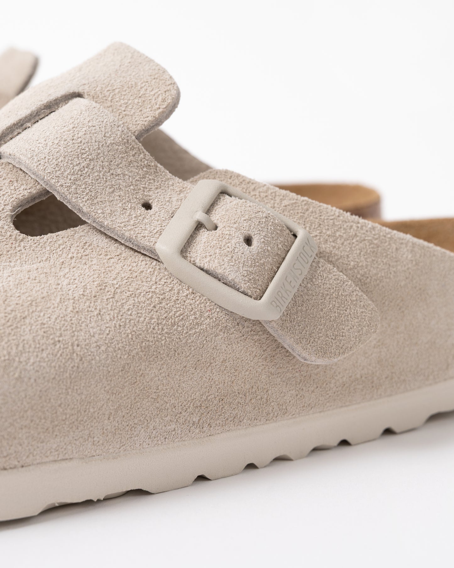 close up of Birkenstock Boston Suede Leather Womens Clogs in Oyster