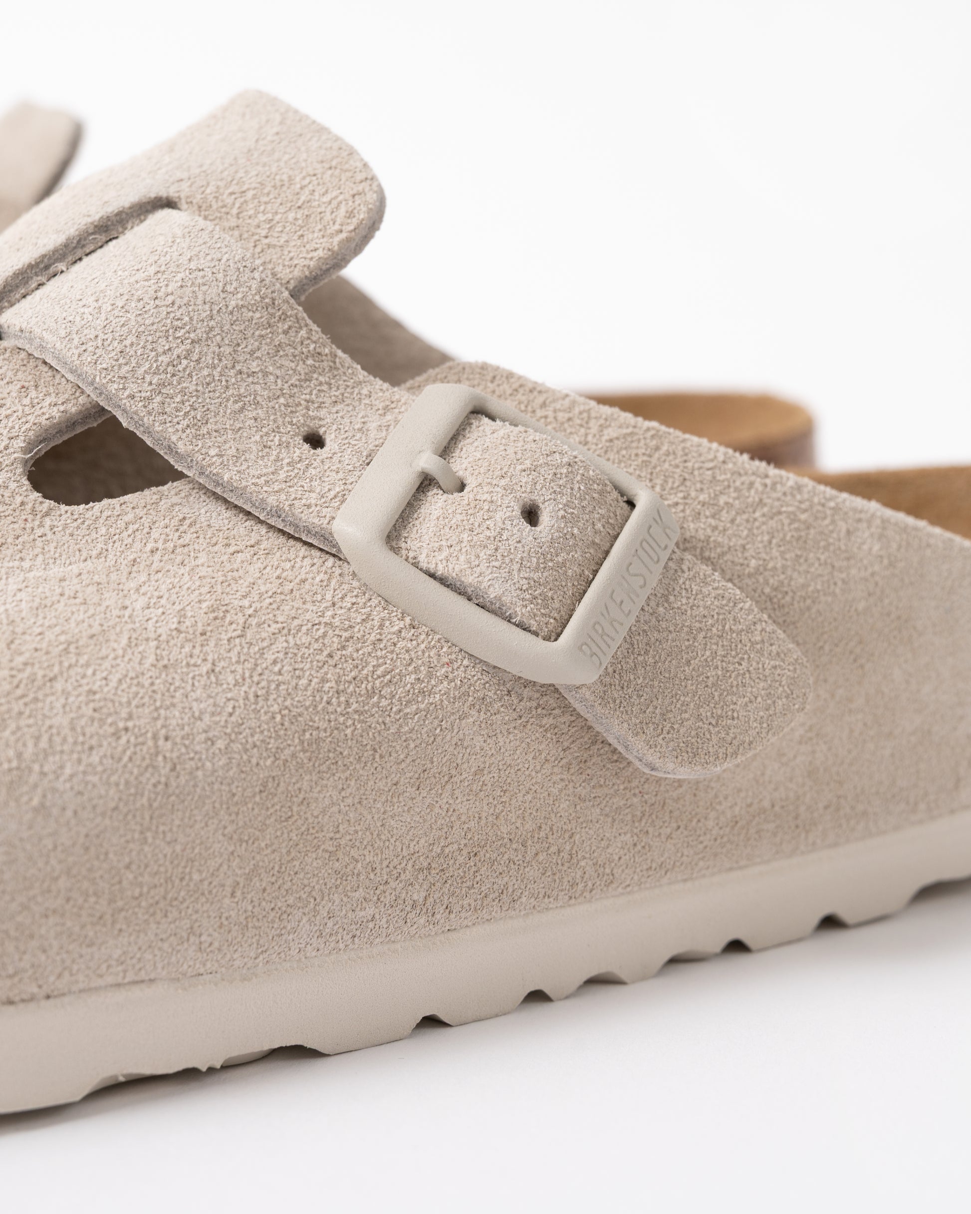 close up of Birkenstock Boston Suede Leather Womens Clogs in Oyster