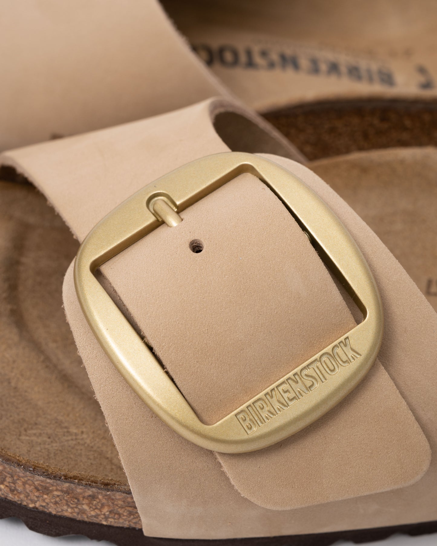 buckle detail of Birkenstock Madrid Big Buckle Womens Nubuck Leather Sandals in Sandcastle