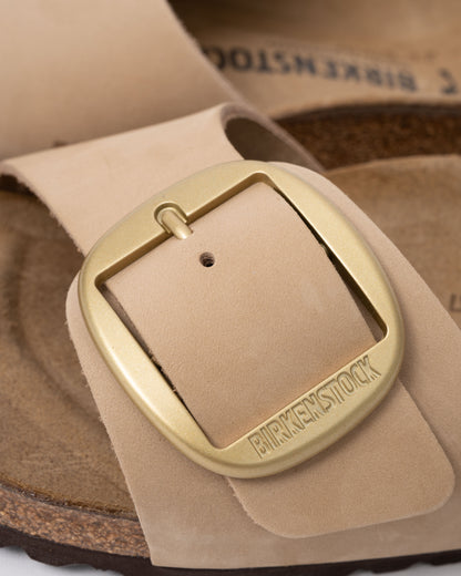 buckle detail of Birkenstock Madrid Big Buckle Womens Nubuck Leather Sandals in Sandcastle