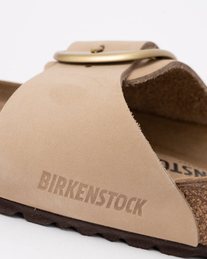 side detail of Birkenstock Madrid Big Buckle Womens Nubuck Leather Sandals in Sandcastle
