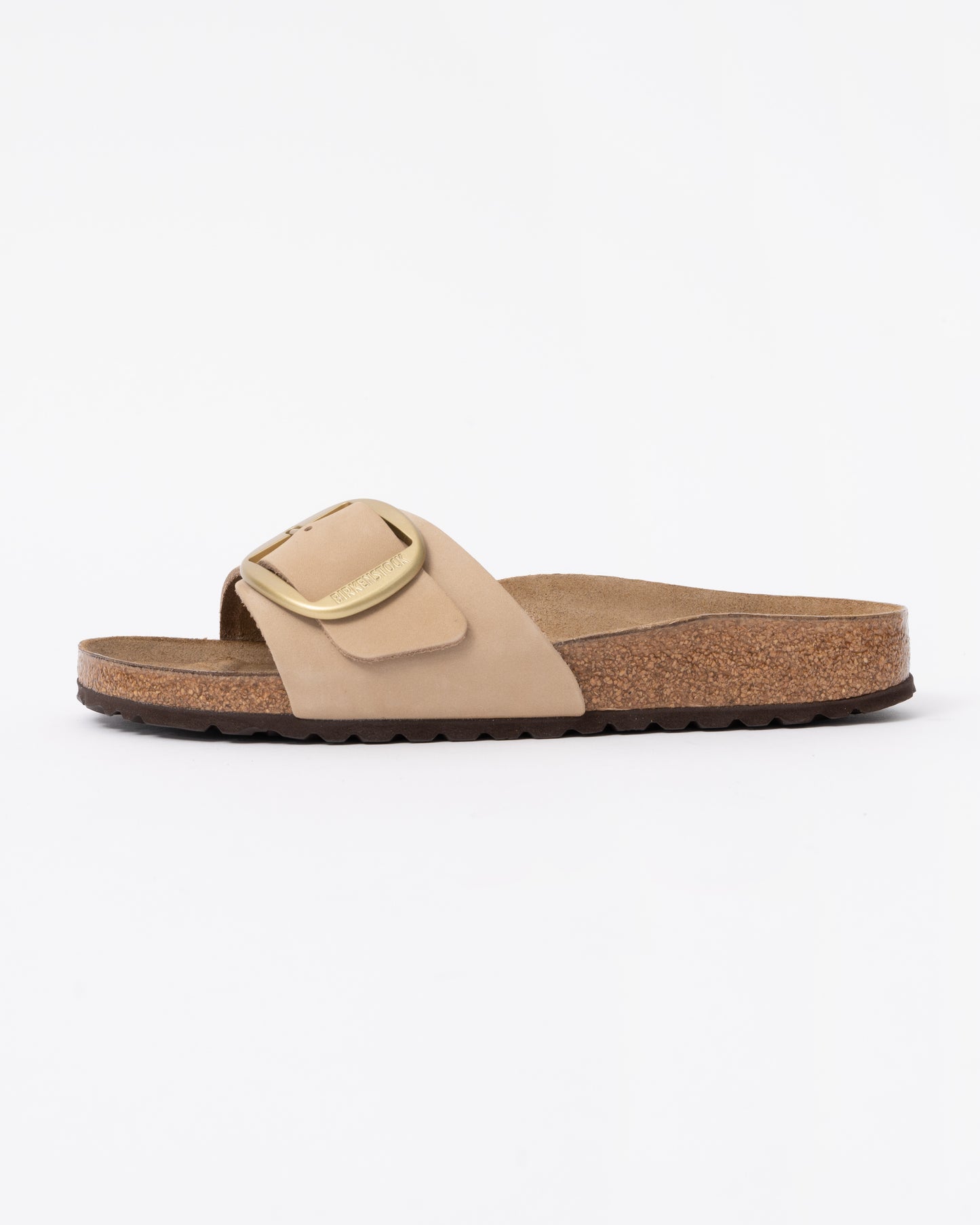 profile of Birkenstock Madrid Big Buckle Womens Nubuck Leather Sandals in Sandcastle