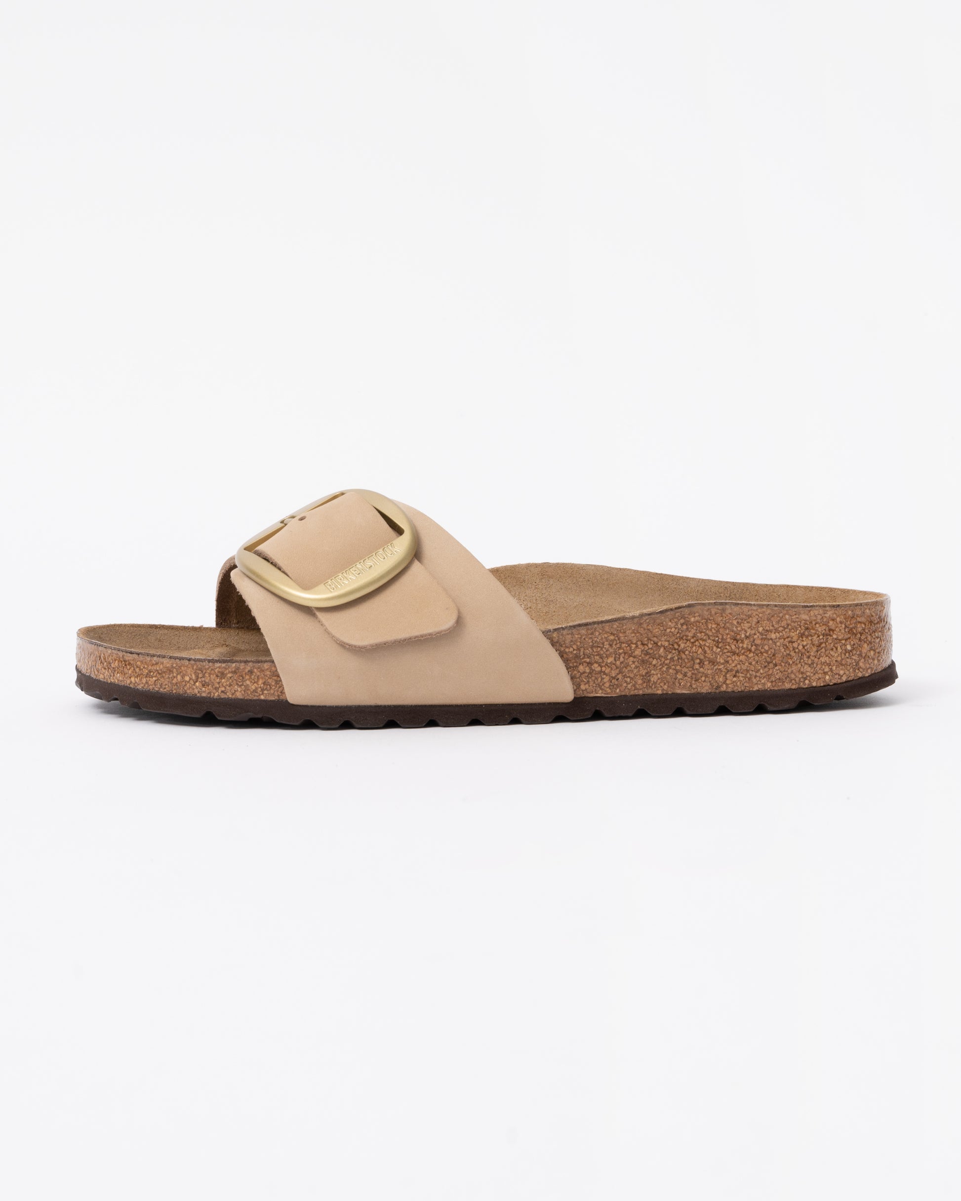 profile of Birkenstock Madrid Big Buckle Womens Nubuck Leather Sandals in Sandcastle