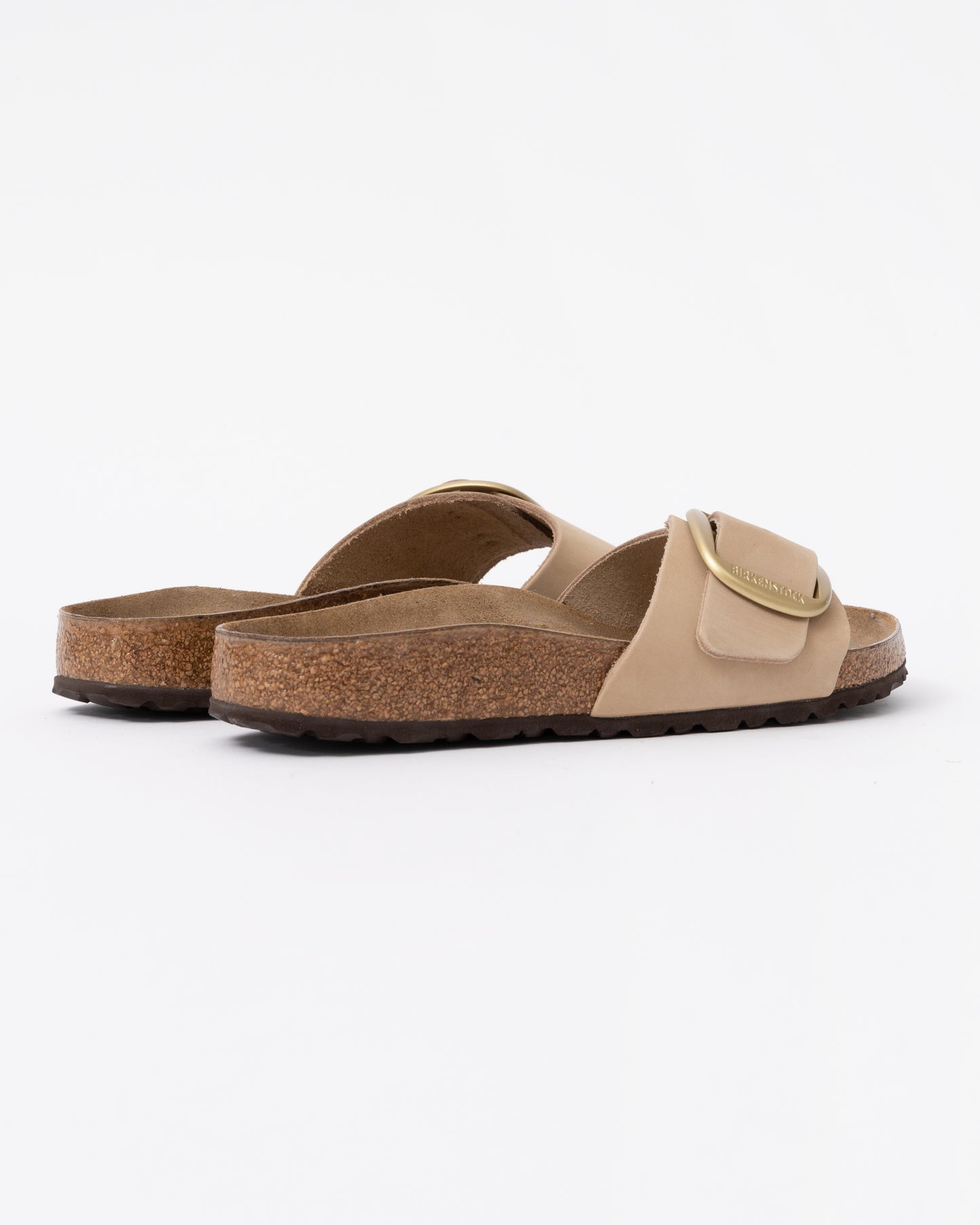 back of Birkenstock Madrid Big Buckle Womens Nubuck Leather Sandals in Sandcastle