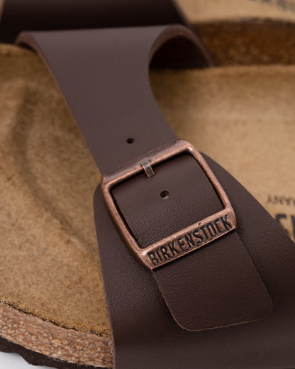buckle detail of Birkenstock Madrid Birko-Flor Womens Sandals in Dark Brown