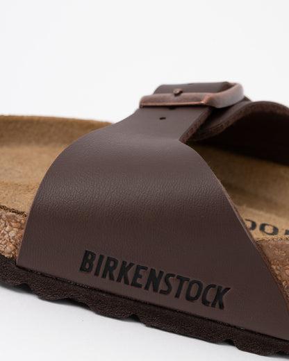 logo detail of Birkenstock Madrid Birko-Flor Womens Sandals in Dark Brown
