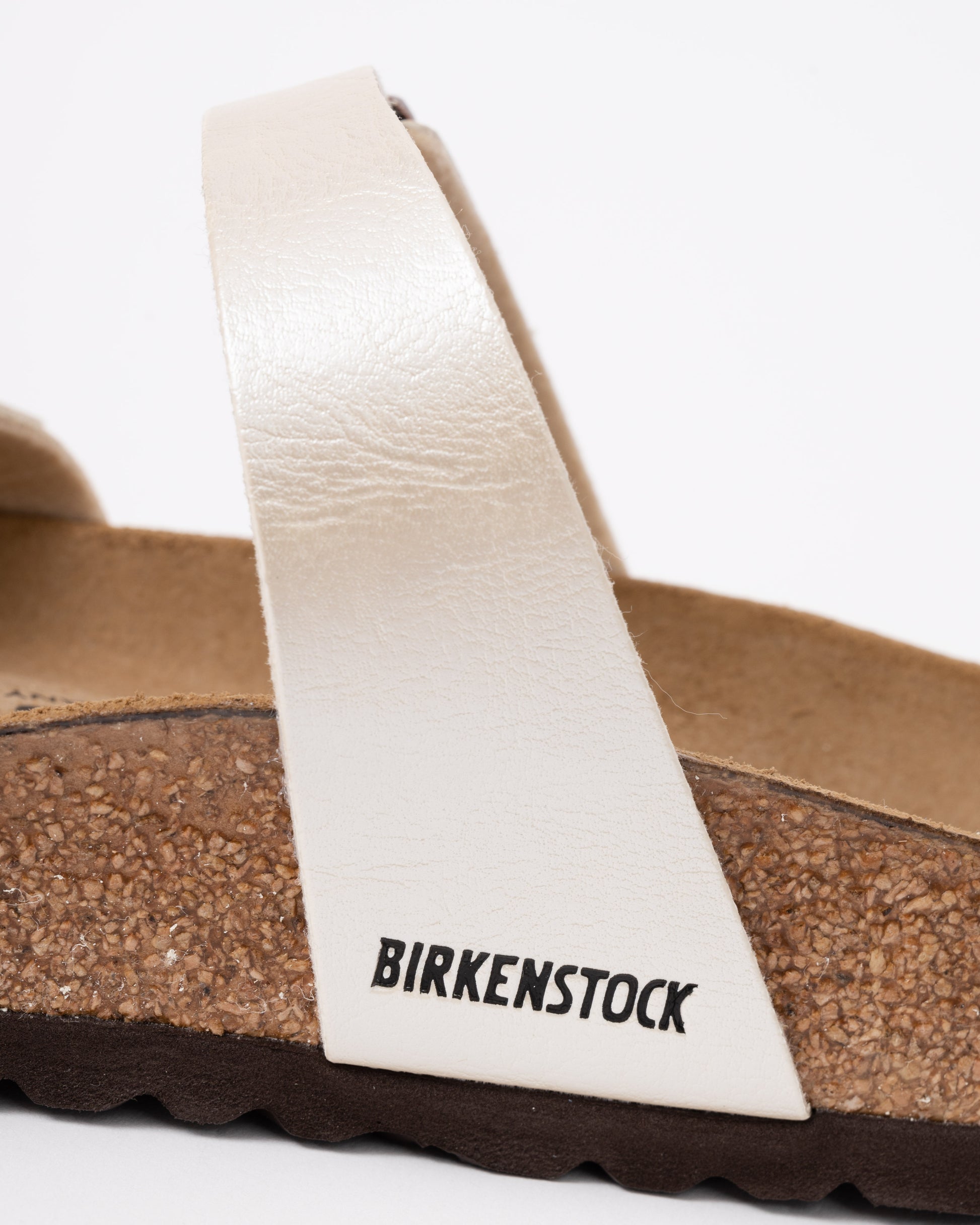 logo detail of Birkenstock Mayari Birko Flor Womens Sandals in Graceful Pearl White
