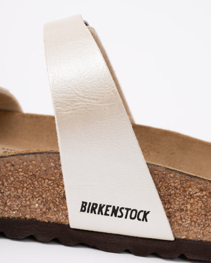 logo detail of Birkenstock Mayari Birko Flor Womens Sandals in Graceful Pearl White