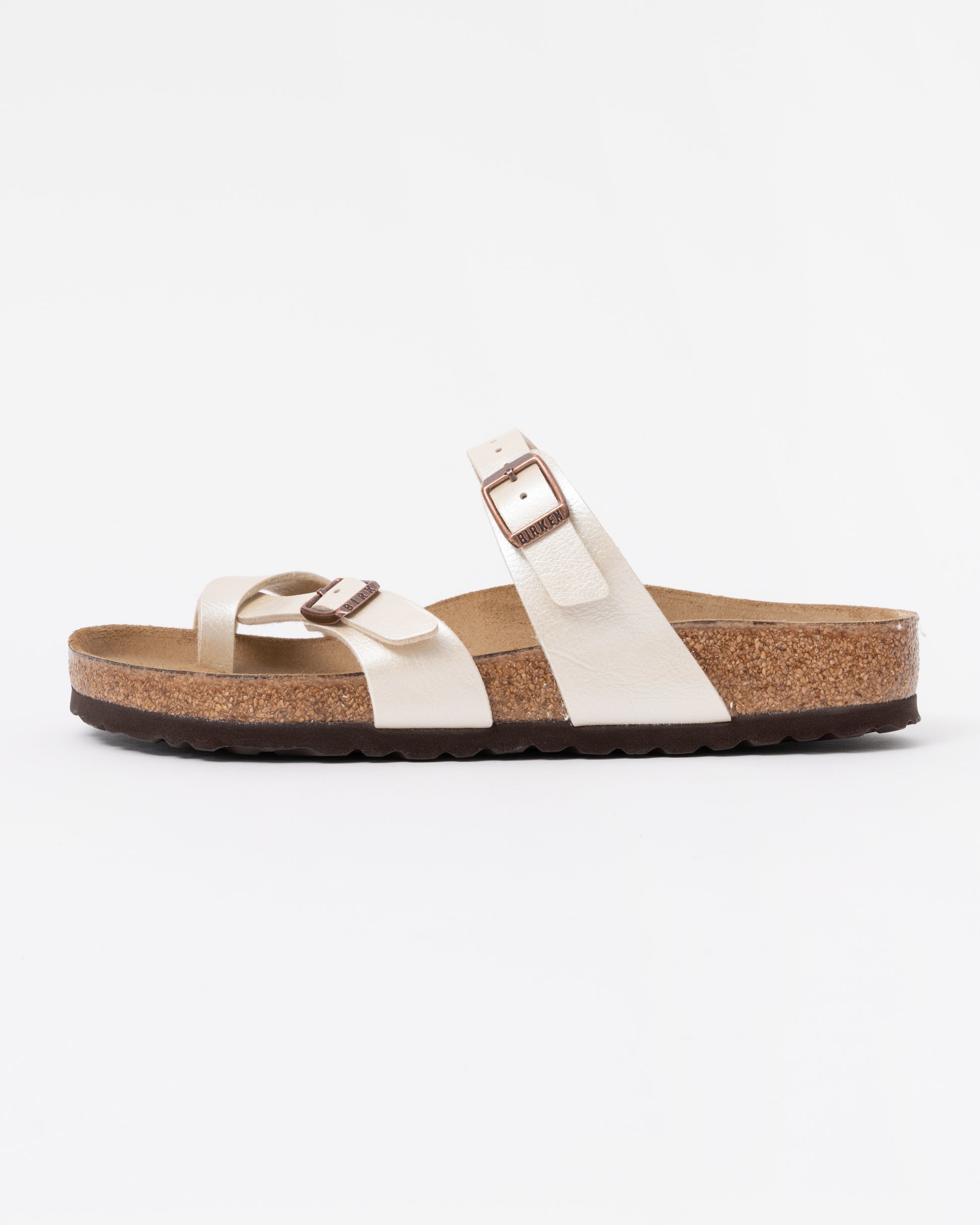 side of Birkenstock Mayari Birko Flor Womens Sandals in Graceful Pearl White