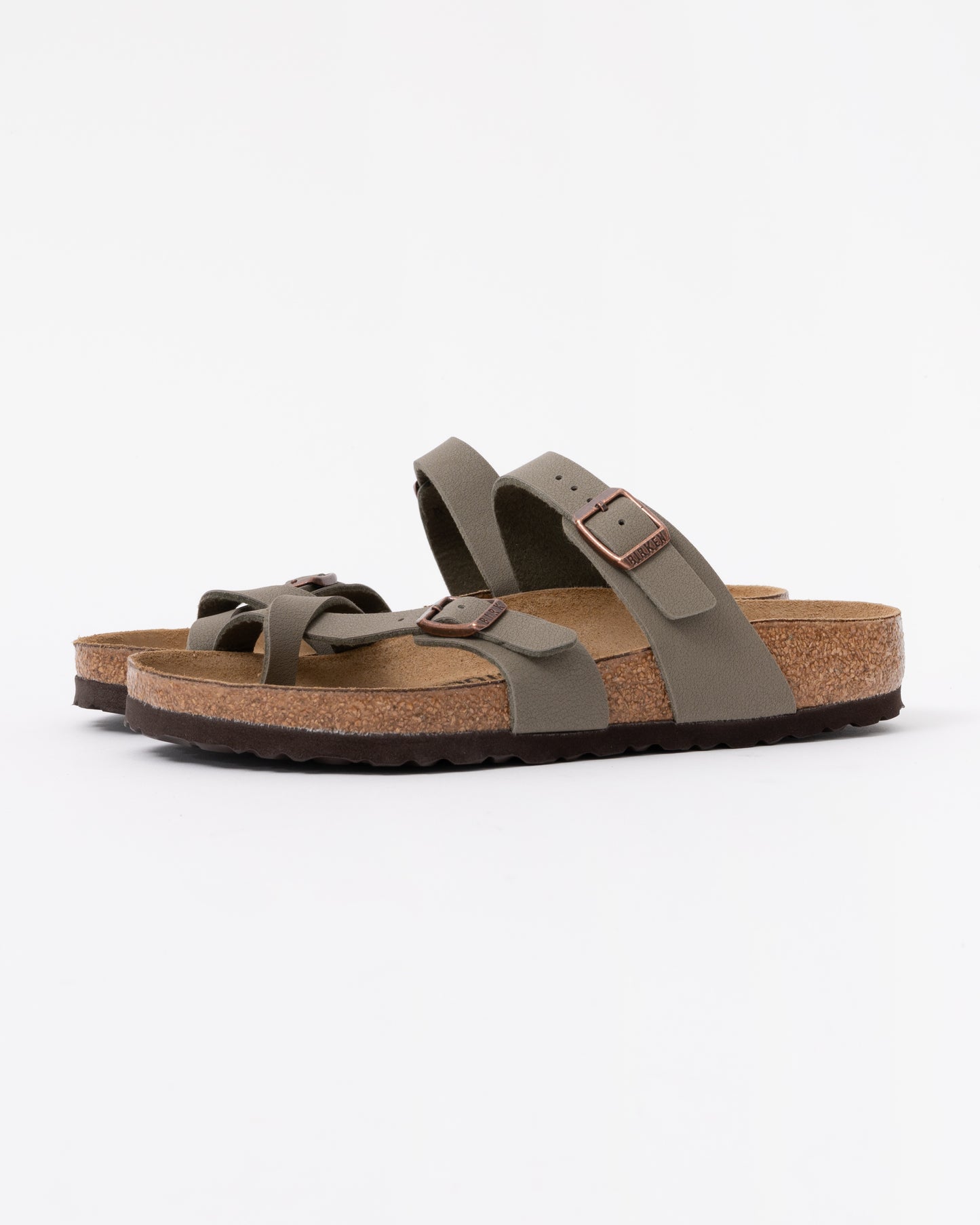 A pair of Birkenstock Mayari Birko Flor Womens Sandals in Stone
