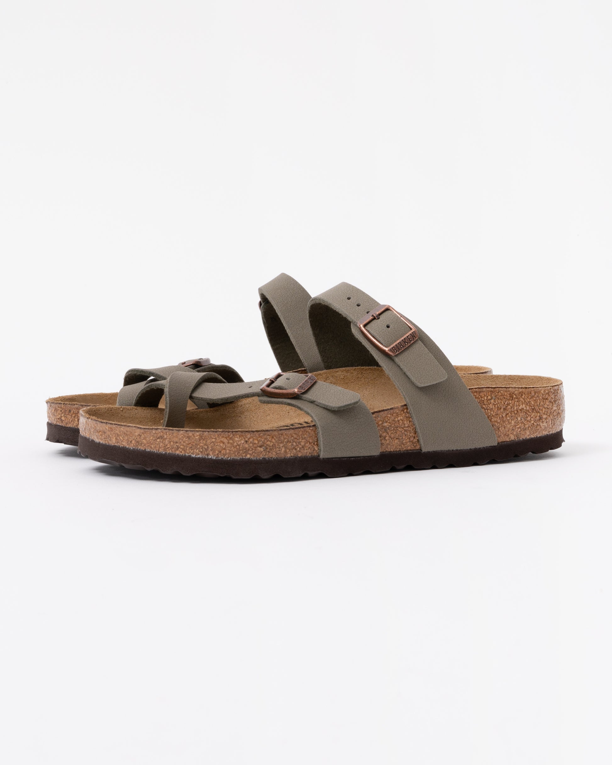 A pair of Birkenstock Mayari Birko Flor Womens Sandals in Stone