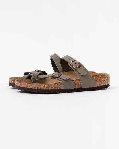 A pair of Birkenstock Mayari Birko Flor Womens Sandals in Stone