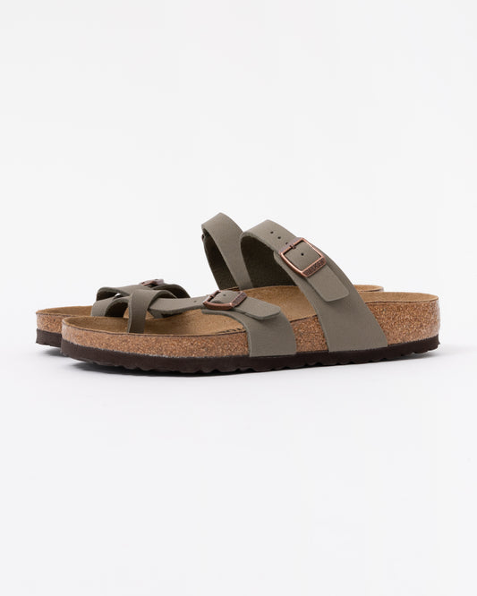 A pair of Birkenstock Mayari Birko Flor Womens Sandals in Stone
