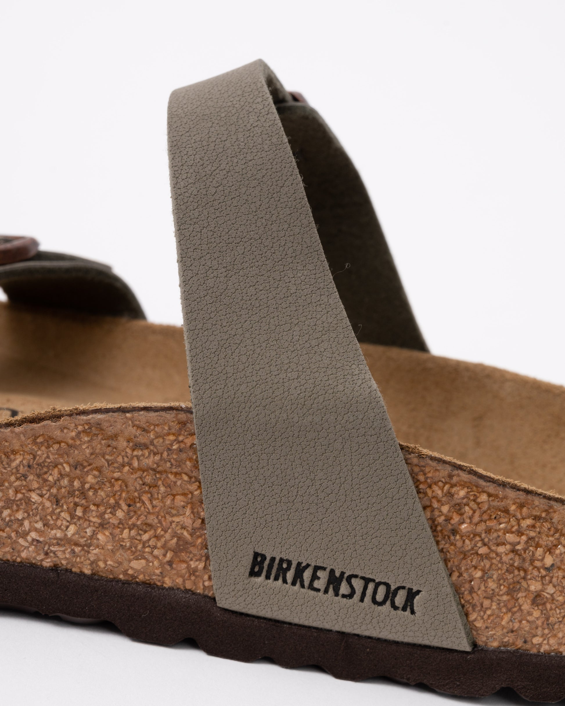 logo detail of Birkenstock Mayari Birko Flor Womens Sandals in Stone