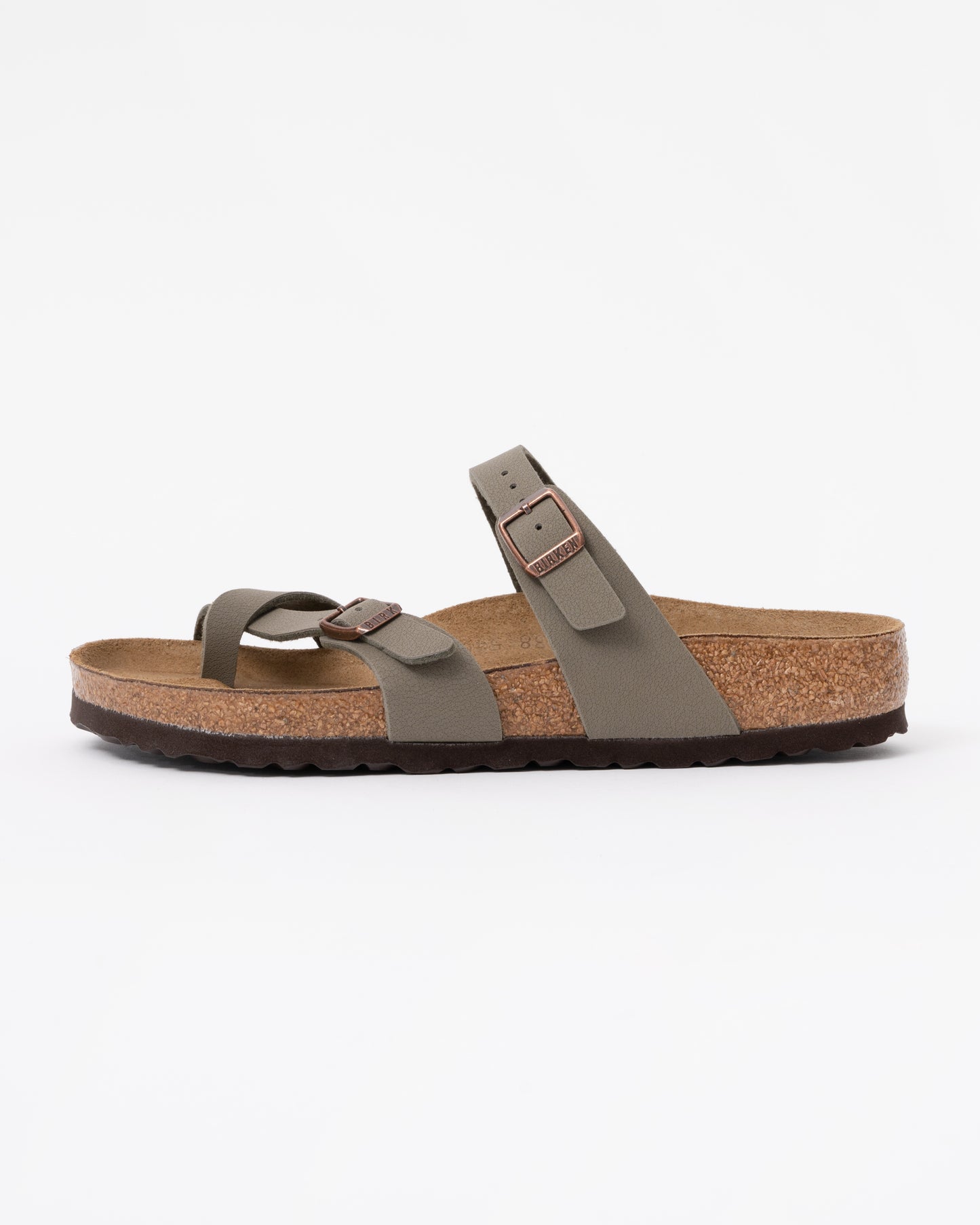 side view of Birkenstock Mayari Birko Flor Womens Sandals in Stone