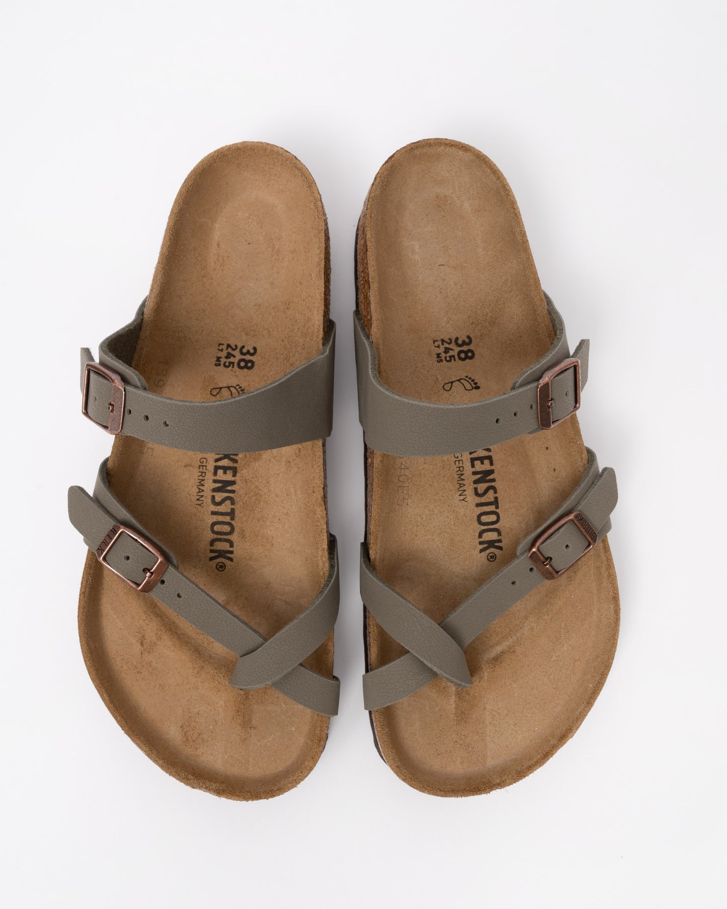 top view of Birkenstock Mayari Birko Flor Womens Sandals in Stone