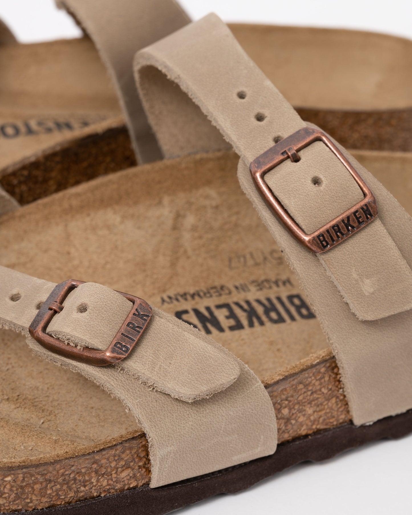 buckle details of Birkenstock Mayari Oiled Nubuck Womens Sandals in Tobacco Brown