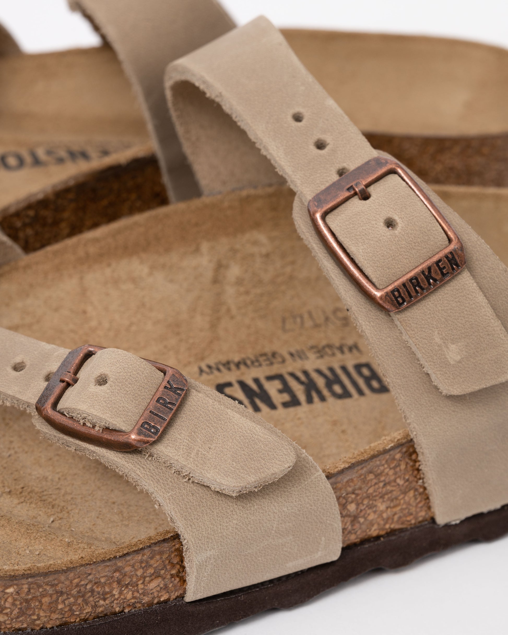 buckle details of Birkenstock Mayari Oiled Nubuck Womens Sandals in Tobacco Brown