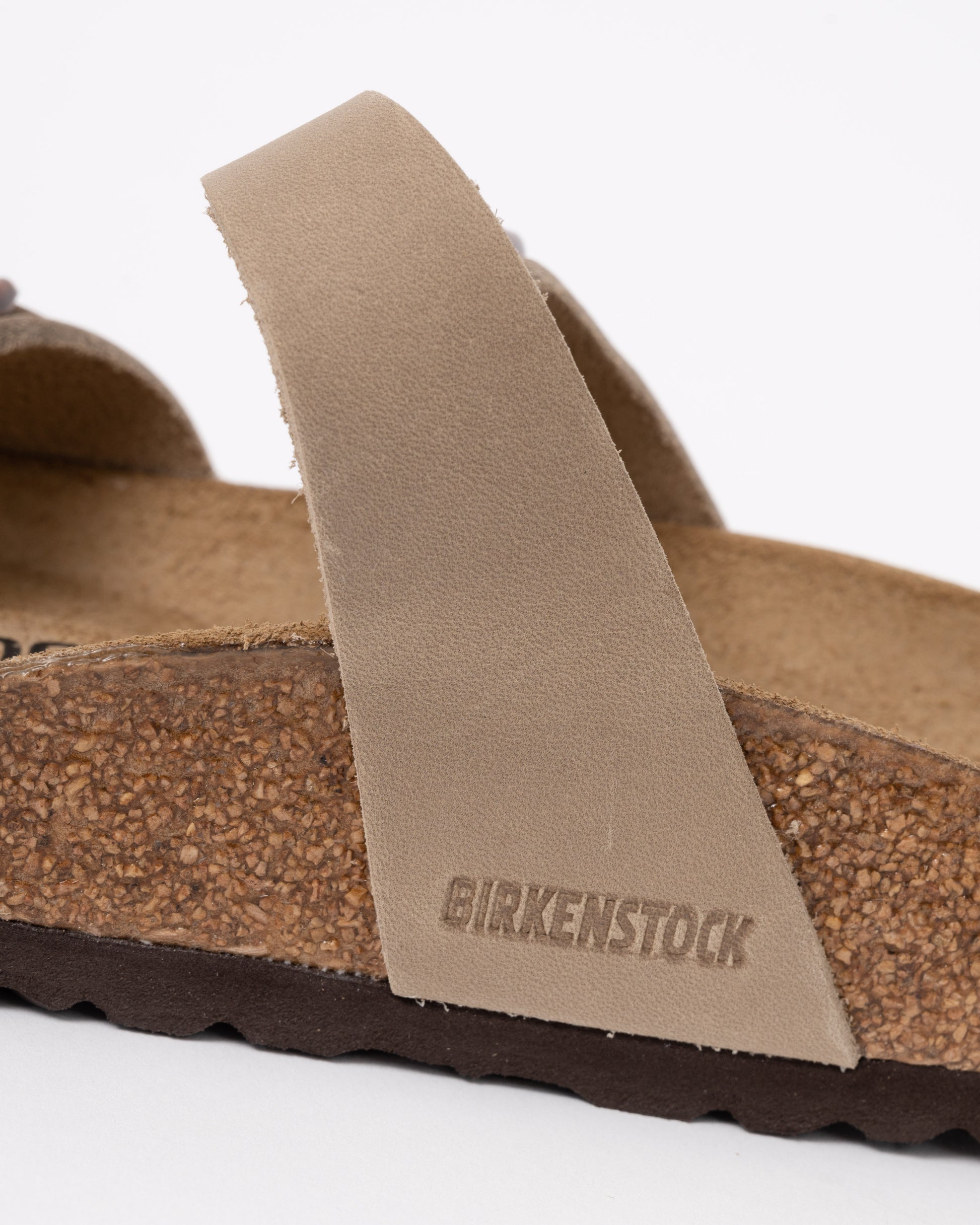 lgog detail of Birkenstock Mayari Oiled Nubuck Womens Sandals in Tobacco Brown
