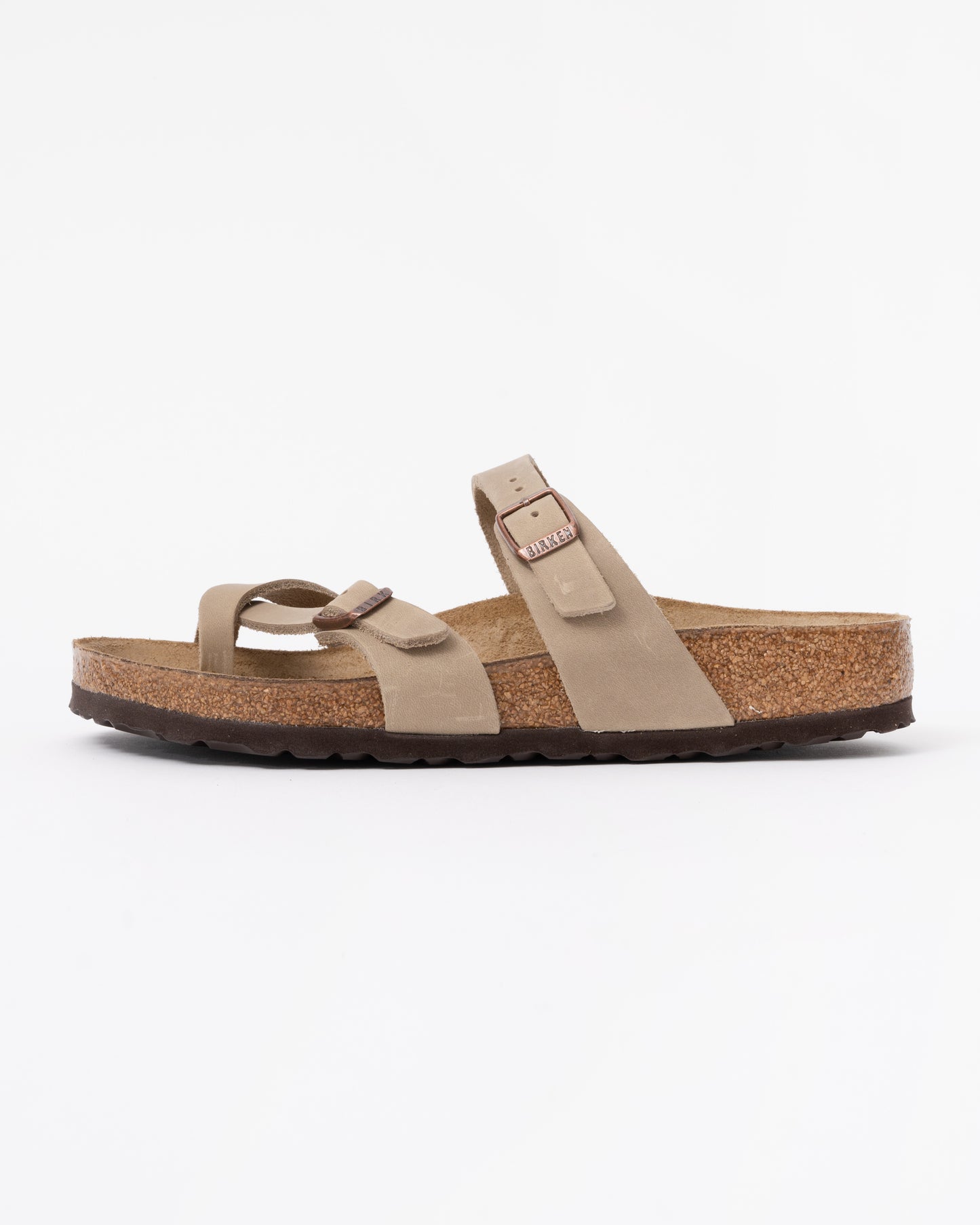side view of Birkenstock Mayari Oiled Nubuck Womens Sandals in Tobacco Brown