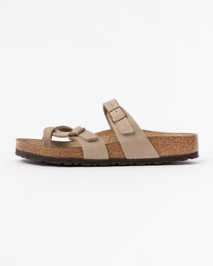 side view of Birkenstock Mayari Oiled Nubuck Womens Sandals in Tobacco Brown