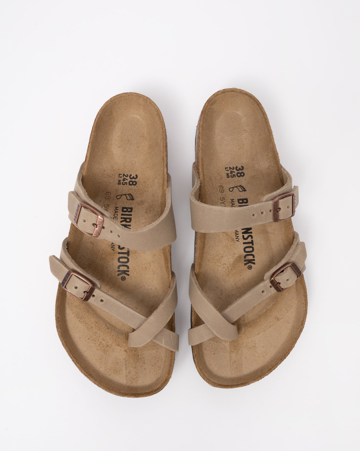 top view of Birkenstock Mayari Oiled Nubuck Womens Sandals in Tobacco Brown