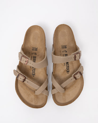 top view of Birkenstock Mayari Oiled Nubuck Womens Sandals in Tobacco Brown