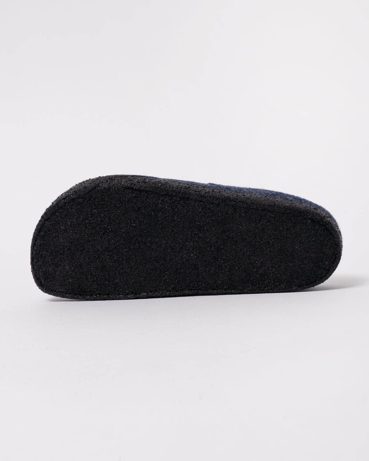 Studio photograph showing sole of Birkenstock Zermatt Shearling FE Womens Clogs  Dark Bluen
