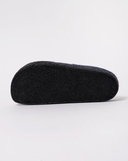 Studio photograph showing sole of Birkenstock Zermatt Shearling FE Womens Clogs  Dark Bluen
