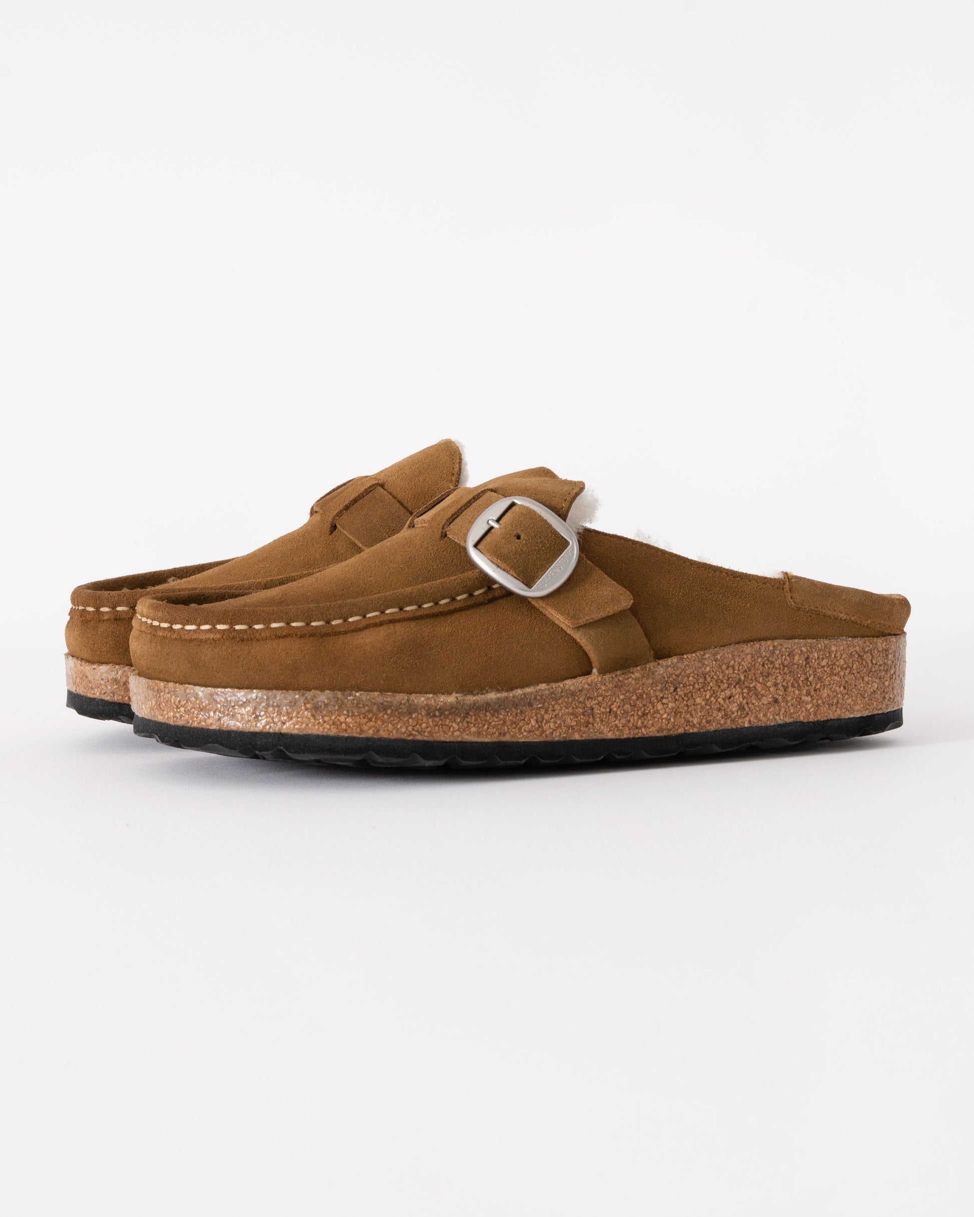 Birkenstock Buckley Suede Shearling Womens Mule Moccasins in Tea