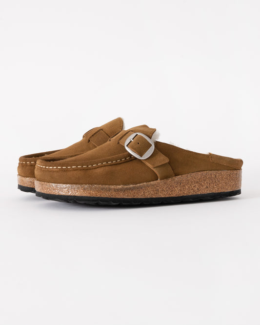 Birkenstock Buckley Suede Shearling Womens Mule Moccasins in Tea