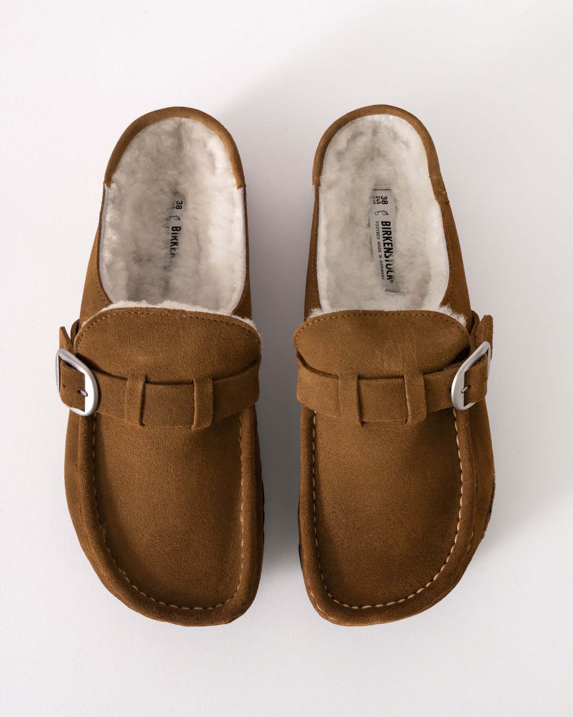 Birkenstock Buckley Suede Shearling Womens Mule Moccasins - Tea - CHO - Designer Womens Shoes