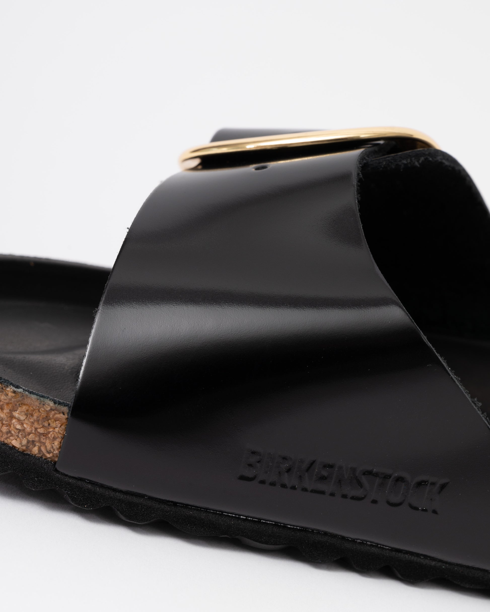 Birkenstock Madrid Big Buckle Natural Patent Leather Womens Sandals - High-Shine Black logo