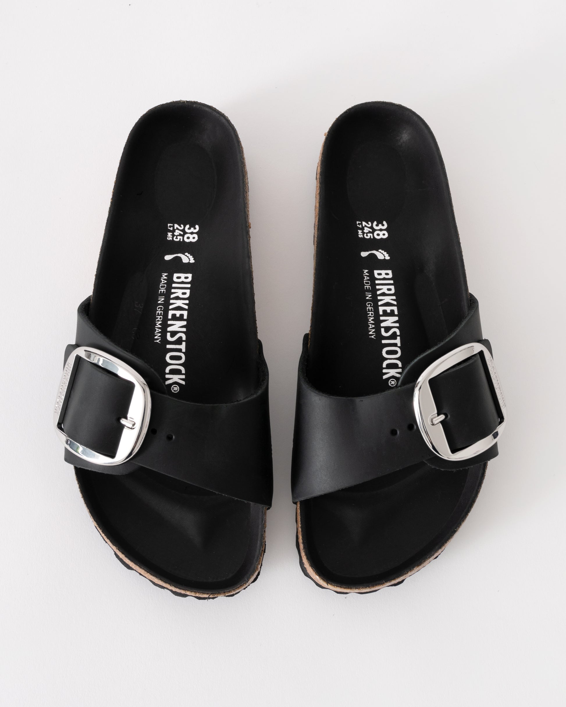 Birkenstock Madrid Big Buckle Oiled Leather Womens Sandals - Black | CHO | Designer Womens Sandals
