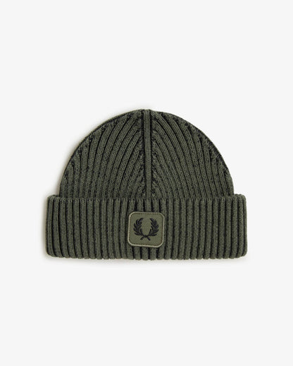 Fred Perry Mens Cotton Ribbed Beanie - Laurel Wreath Green/Black Z50