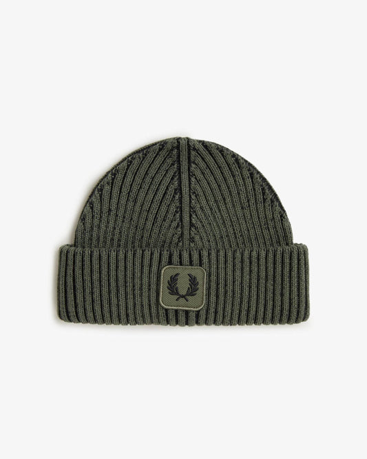 Fred Perry Mens Cotton Ribbed Beanie - Laurel Wreath Green/Black Z50