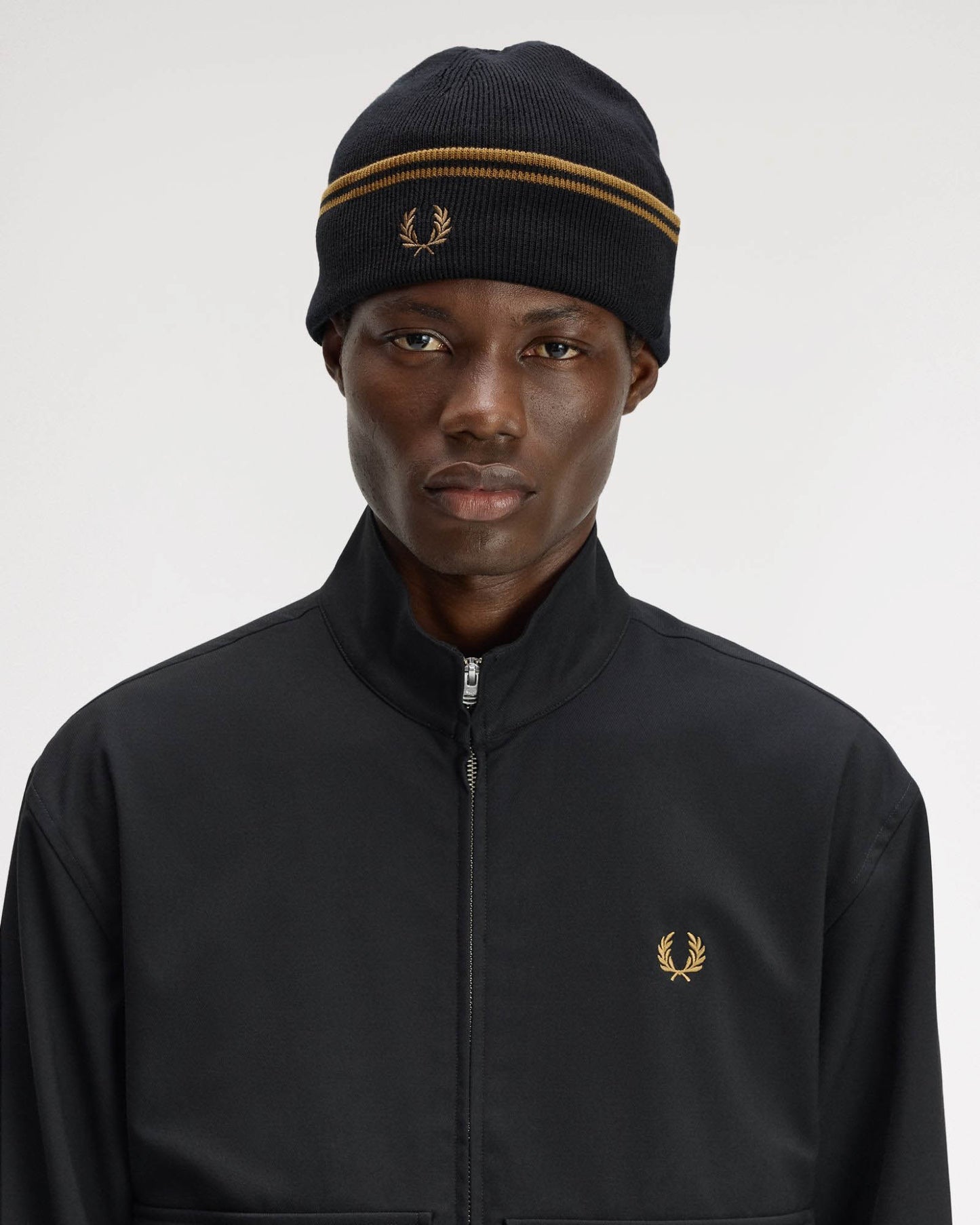 Fred Perry Mens Twin Tipped Merino Wool Beanie - Black/Dark Caramel U12 model front