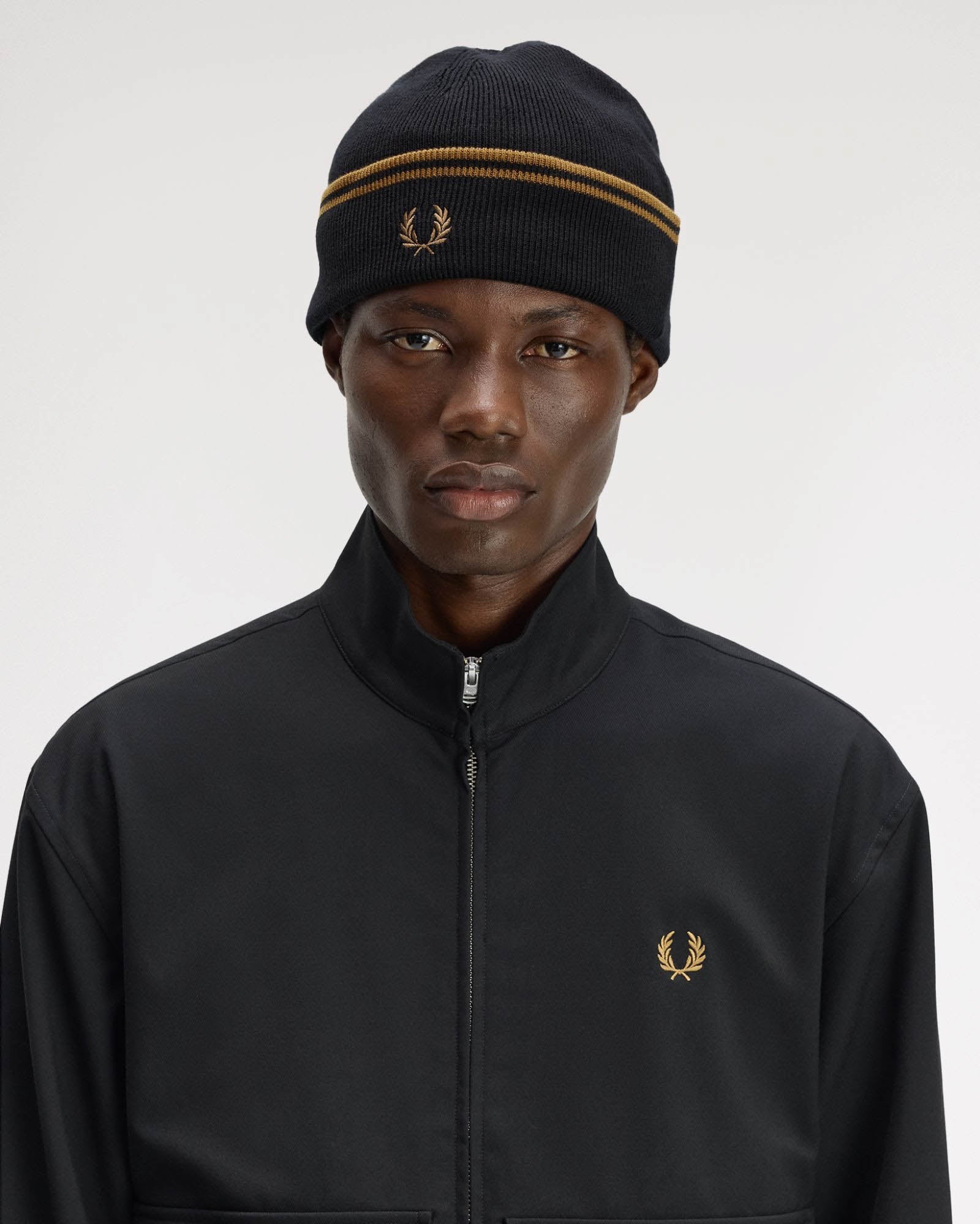Fred Perry Mens Twin Tipped Merino Wool Beanie - Black/Dark Caramel U12 model front
