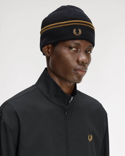 Fred Perry Mens Twin Tipped Merino Wool Beanie - Black/Dark Caramel U12 model side