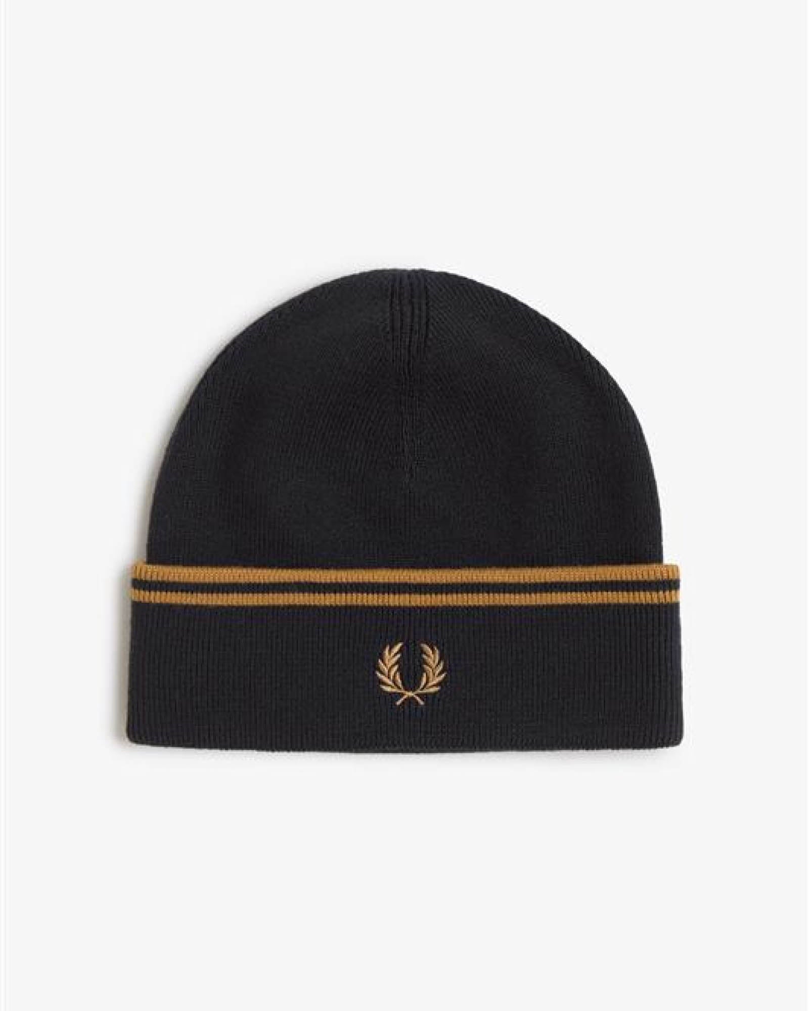 Fred Perry Mens Twin Tipped Merino Wool Beanie - Black/Dark Caramel U12 front