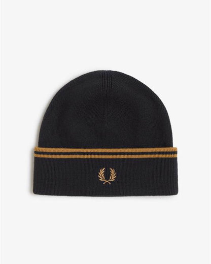 Fred Perry Mens Twin Tipped Merino Wool Beanie - Black/Dark Caramel U12 front
