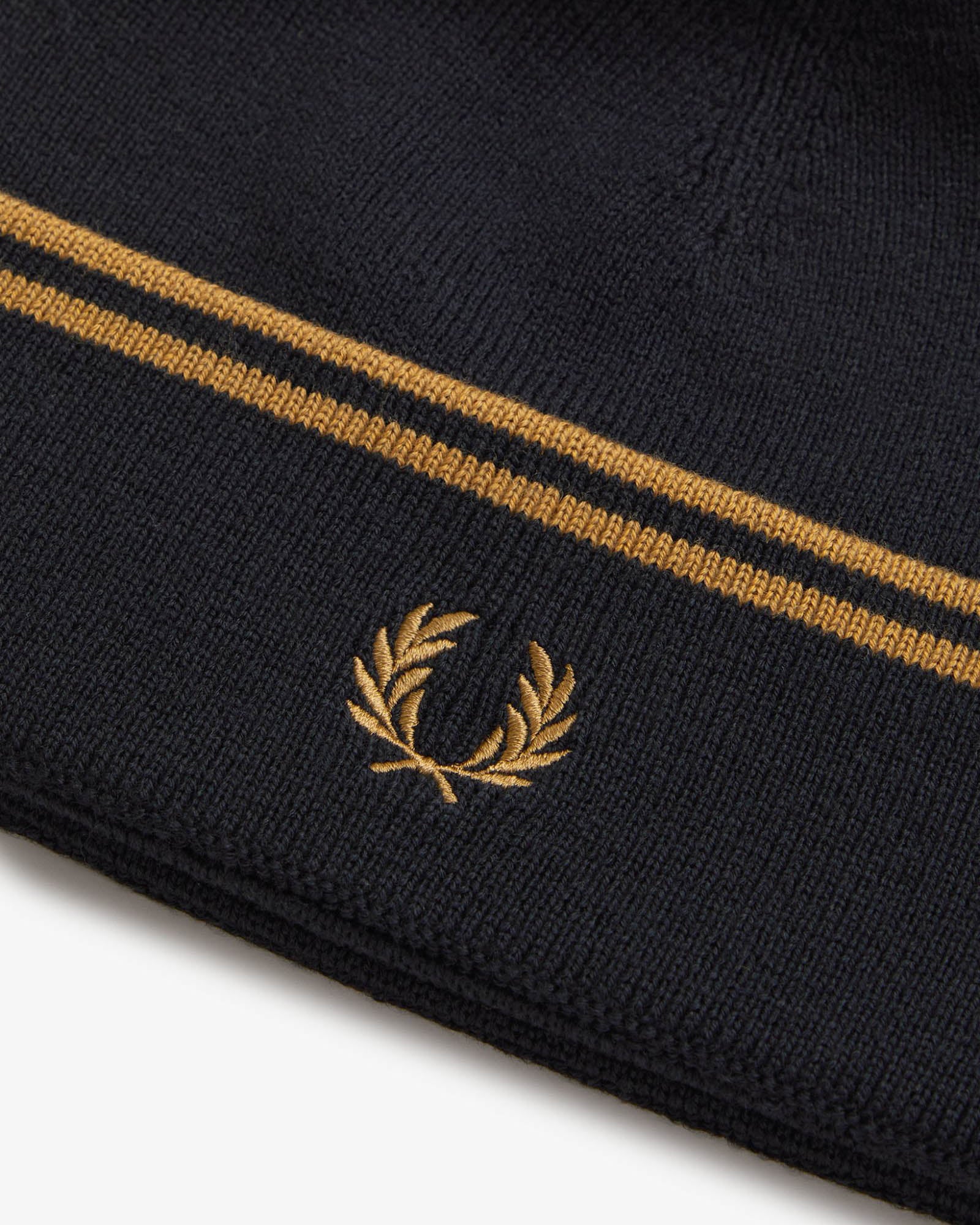 Fred Perry Mens Twin Tipped Merino Wool Beanie - Black/Dark Caramel U12 logo detail