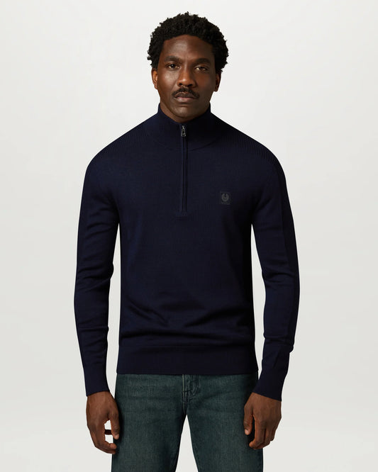 Belstaff Mens Colden Merino Quarter Zip Jumper - Dark Ink | CHO | Designer Mens Quarter Zip Jumpers