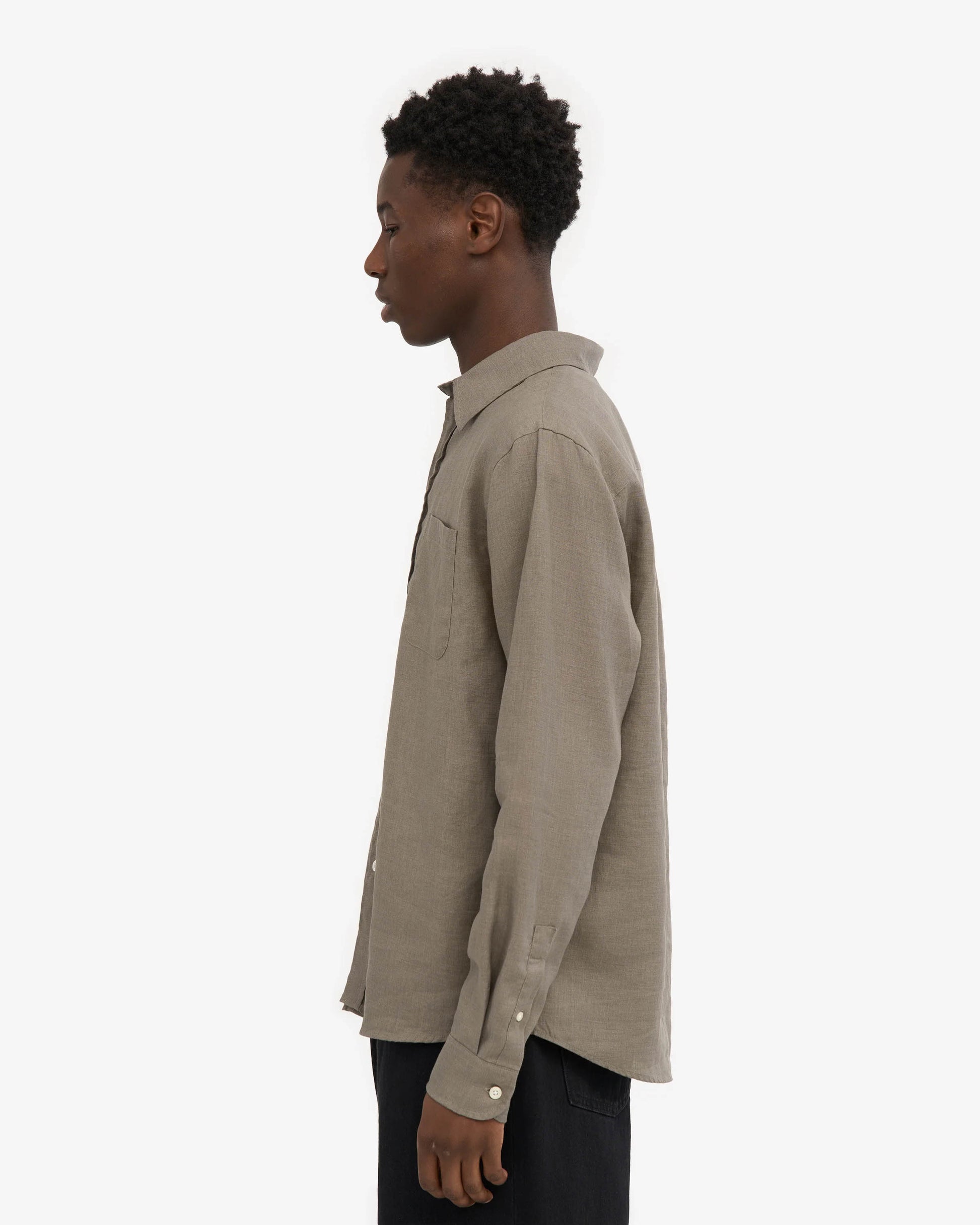 Colorful Standard Mens Long Sleeve Linen Shirt - Dusty Olive | CHO | Designer Mens Long Sleeve Shirts