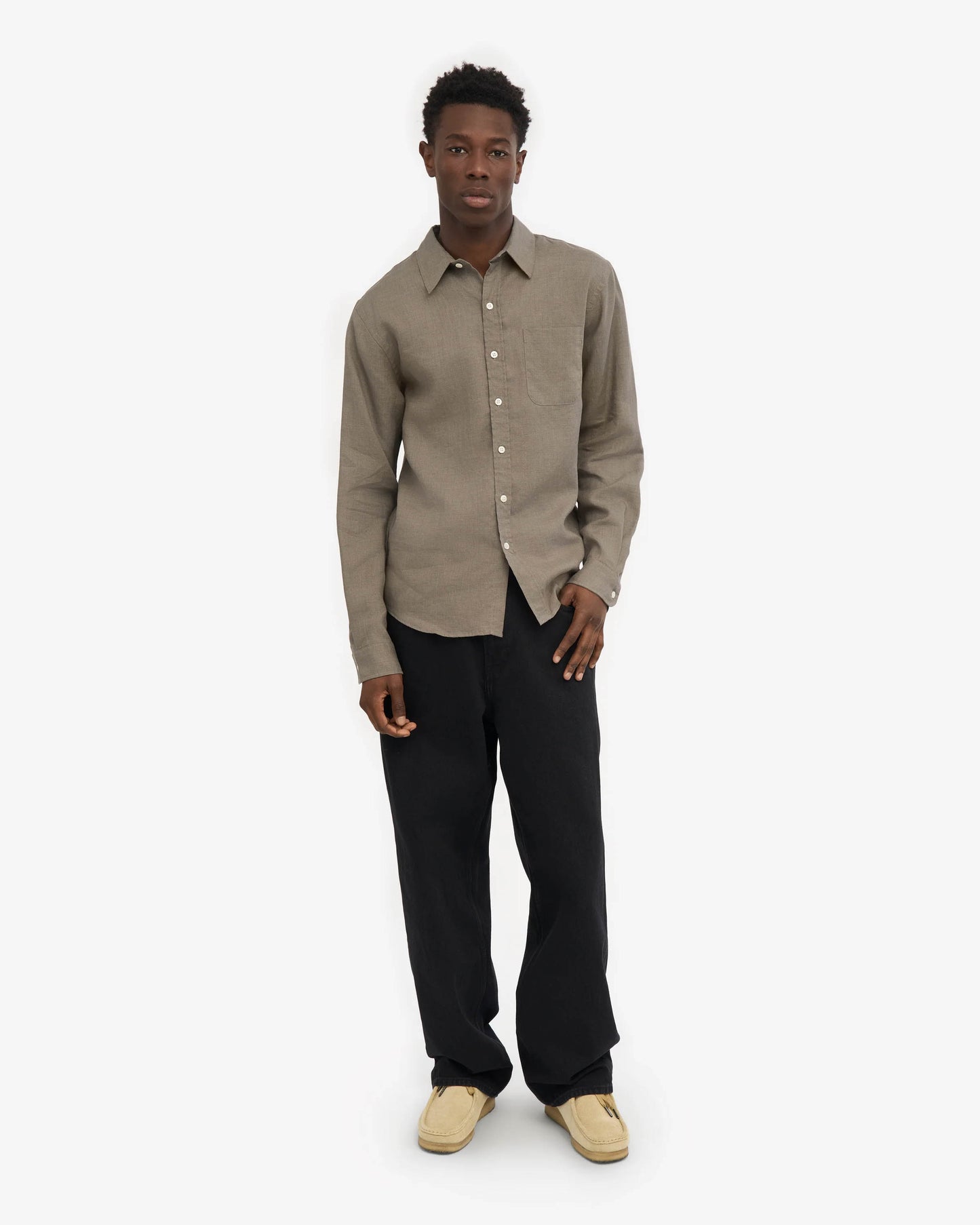 Colorful Standard Mens Long Sleeve Linen Shirt - Dusty Olive | CHO | Designer Mens Long Sleeve Shirts - Dusty Olive - M - 5602991158552