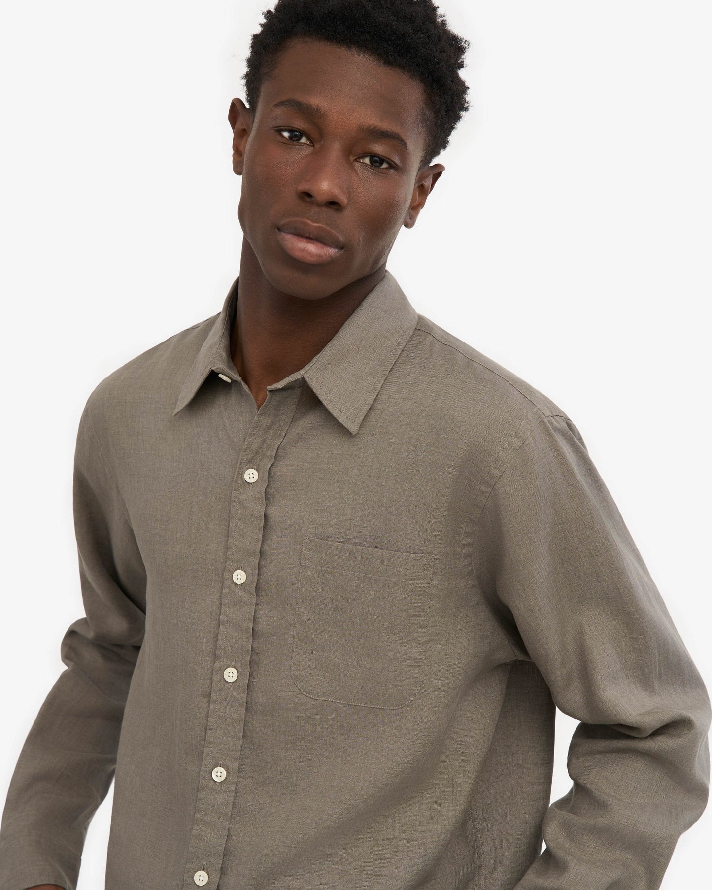 Colorful Standard Mens Long Sleeve Linen Shirt - Dusty Olive | CHO | Designer Mens Long Sleeve Shirts